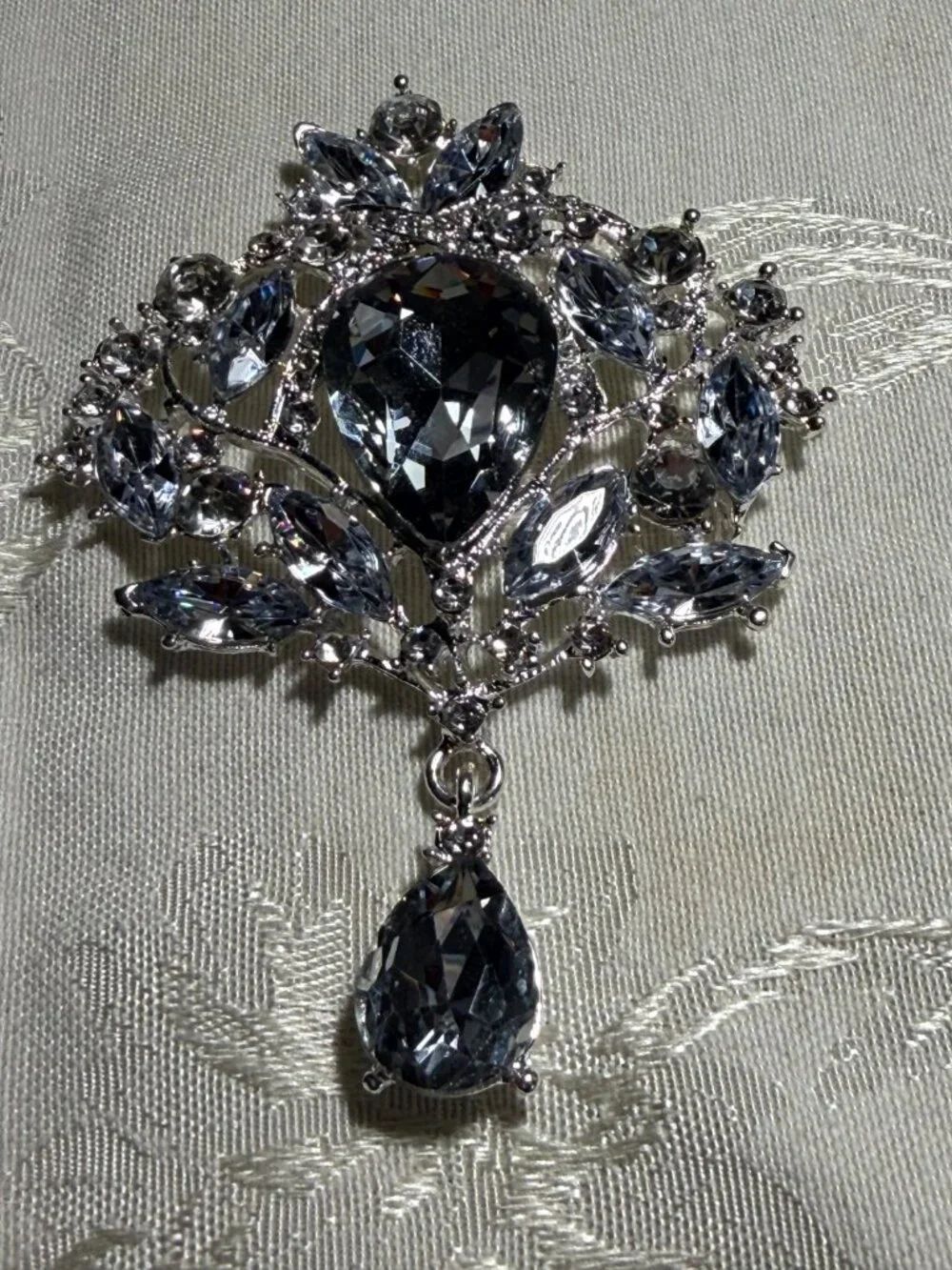 Silver-Tone Rhinestone Teardrop Brooch